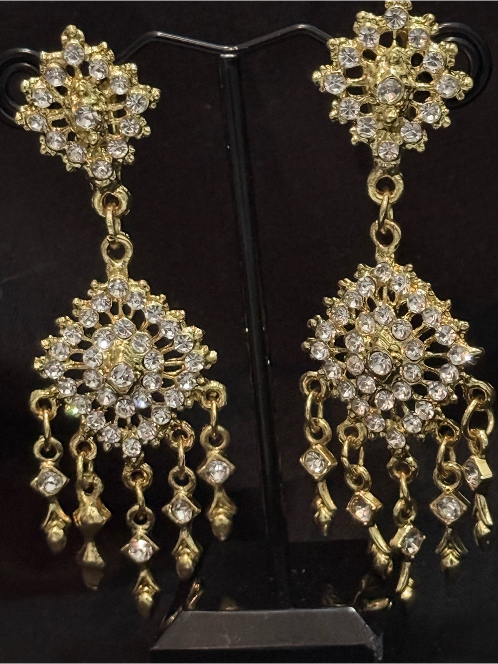 Vintage Thai Gold Plated Chandelier Clip On Earrings Ornate Crystal Dangle